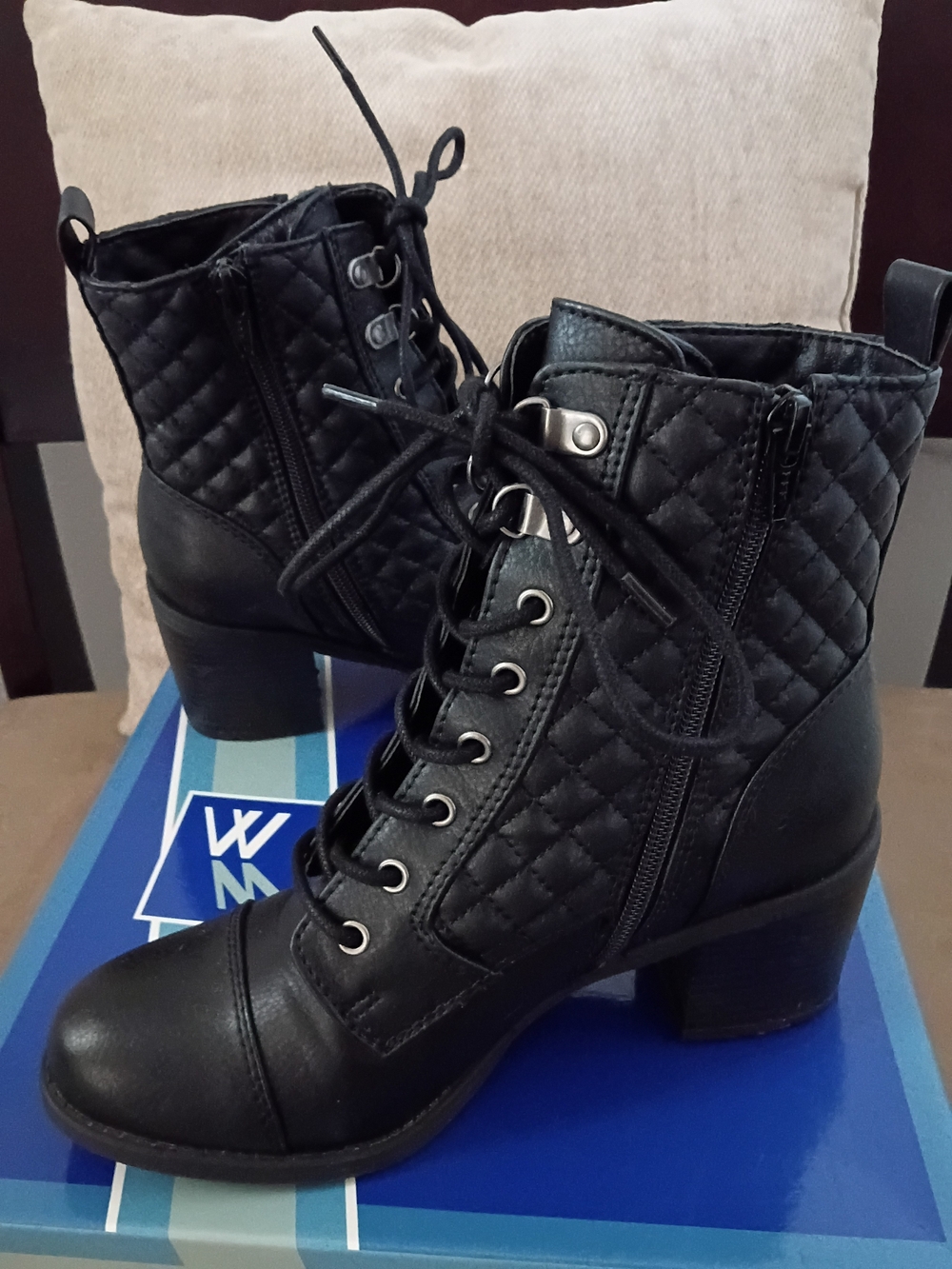 White Mountain Black Quilted Lace-Up Ankle Boots with Block Heel